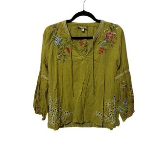 Johnny Was Floral Embroidered Women's Blouse in  olive Green